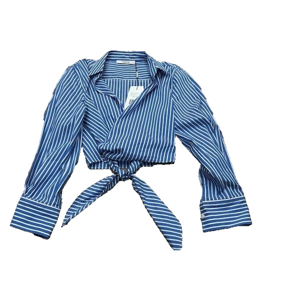 Thakoon Womens Wrap Tie Shirt Striped Cropped Collared Blue White Size Large NWT